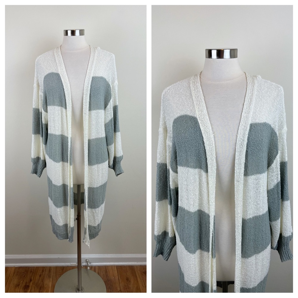 Lyn Burches White Gray Stripe Knit Open Front Cardigan Duster Sweater M/L Boho